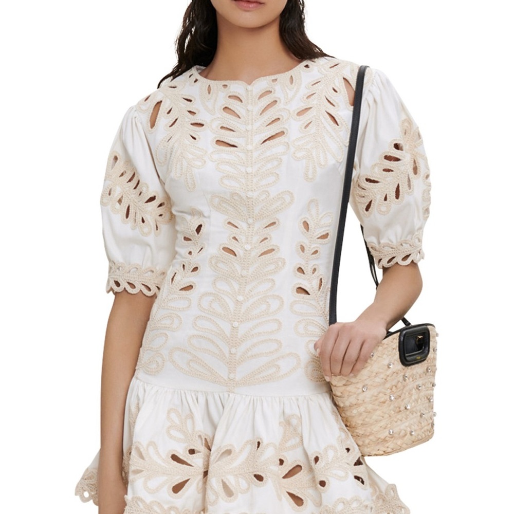 Maje Cream Fit and Flare Dress with Puff Sleeves for Wedding Guest
